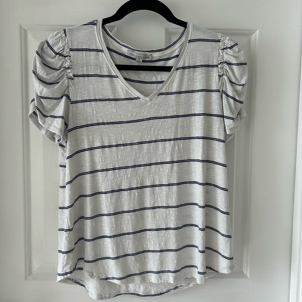 White tee with navy stripes